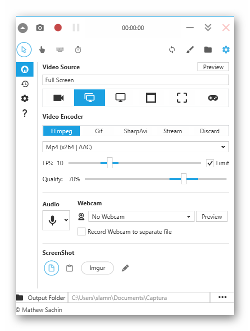 Главное окно программы Captura для записи видео с экрана в Windows 10
