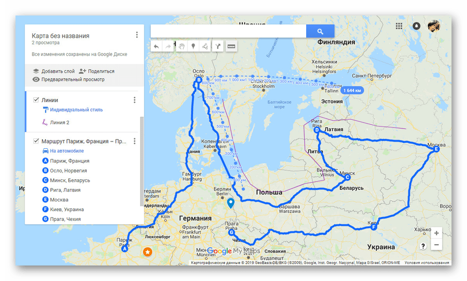 Использование инструмента Маршрут на сайте Google My Maps