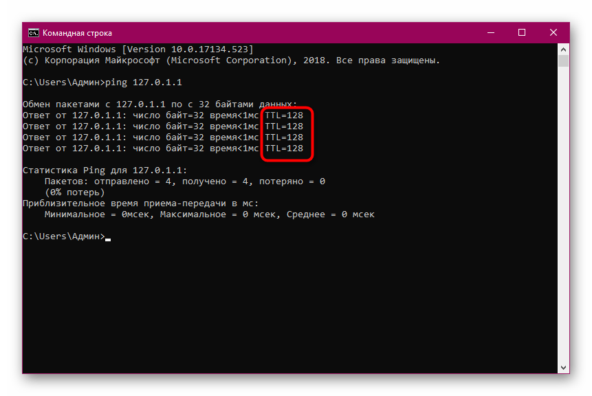 Определение значения TTL через командную строку Windows 10