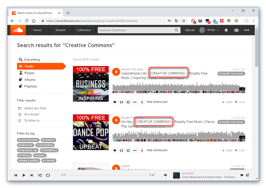 Пометка Creative Commons на сайте SoundCloud