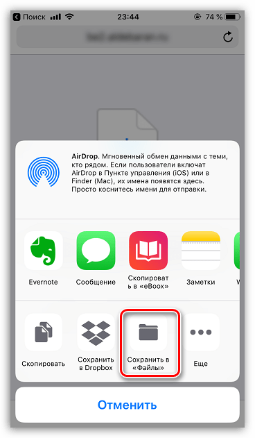 Сохранение документа в приложение Файлы на iPhone