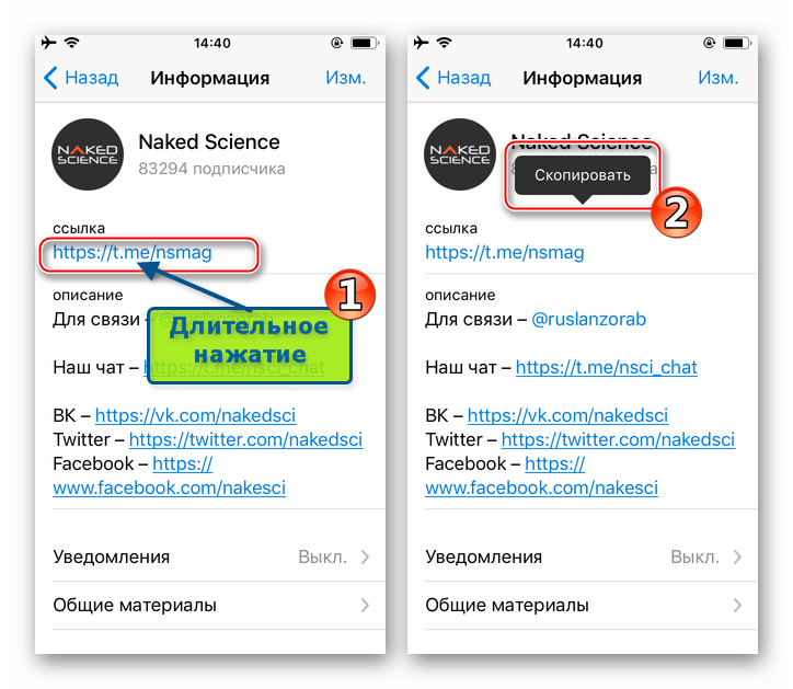 Telegram для iOS - копирование ссылки в мессенджере - длительное нажатие по ней