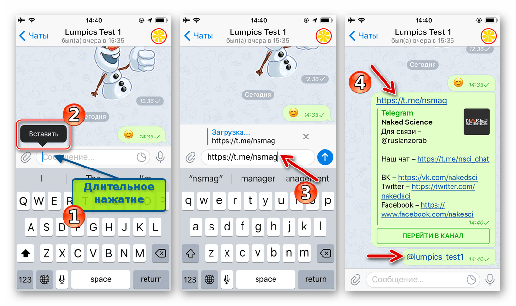 Telegram для iOS - вставка ссылки на профиль пользователя, бота, супергруппы (публичного чата), канала (паблика) в сообщение