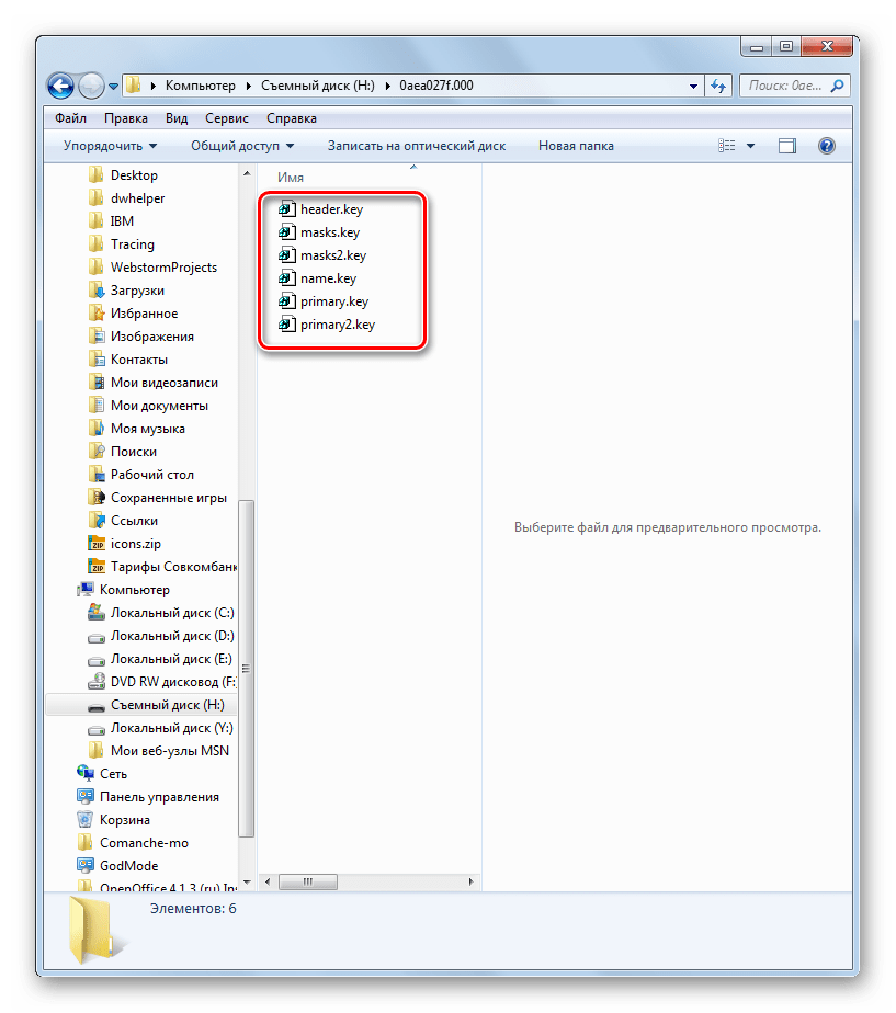 Файлы с расширением key в папке с ключами на флешке в Проводнике в Windows 7