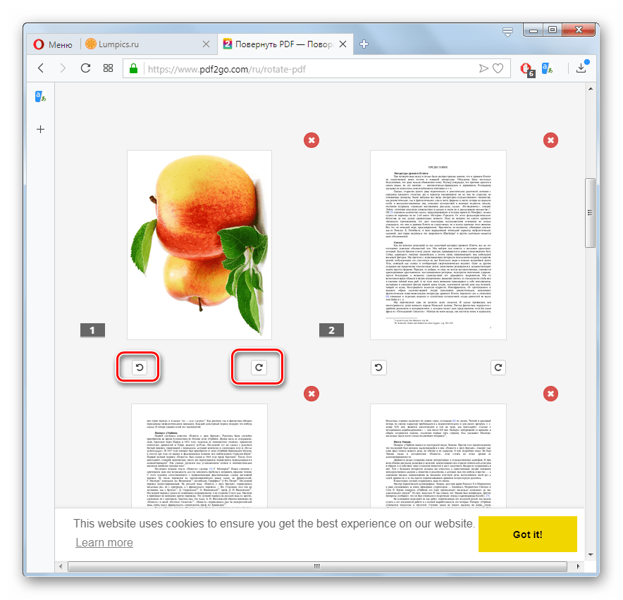Поворот страницы файла PDF на сайте PDF2GO в браузере Opera