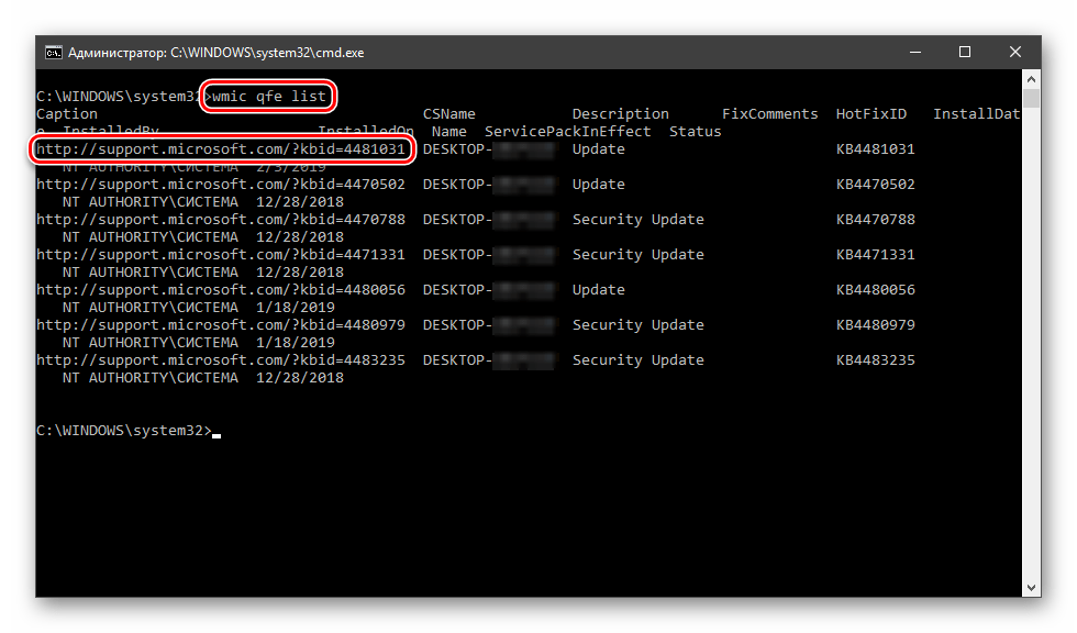 Prosmotr adresa sranitsy s opisaniem paketa obnovleniya v Komandnoj stroke Windows 10