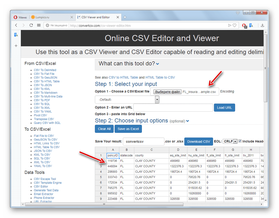 Содержимое файла CSV отобразилось на сайте СonvertCSV в браузере Opera