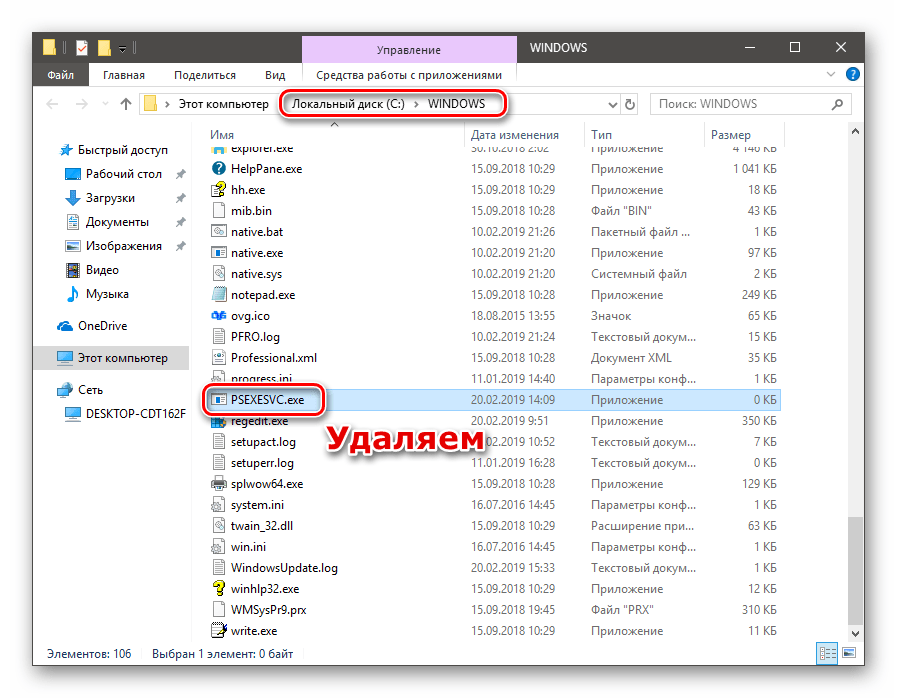 Udalenie fajla sluzhby iz sistemnoj papki v Windows 10