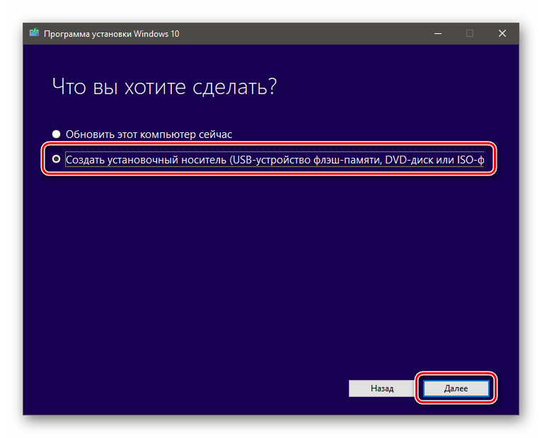 Выбор создания установочного носителя в программе установки Windows 10
