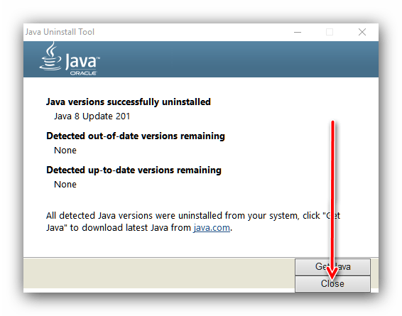 Завершить удаление Java из Windows 10 посредством Java Unindtll Tool