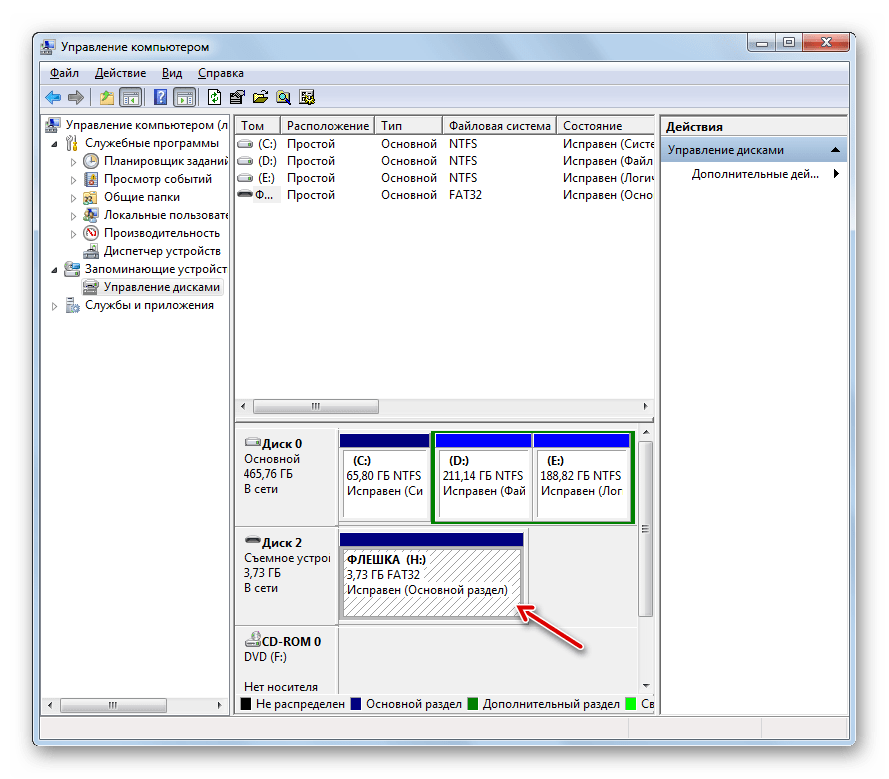 Наименование тома флешки отображается в оснастке Управление дисками в Windows 7