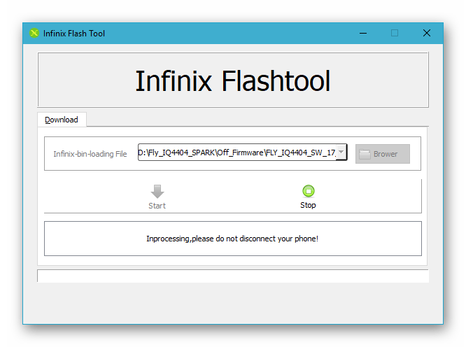 Fly IQ4404 Infinix FlashTool - режим ожидания подключения смартфона для прошивки