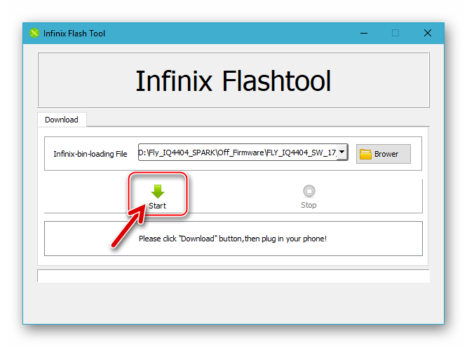 Fly IQ4404 начало прошивки аппарата через Infinix FlashTool