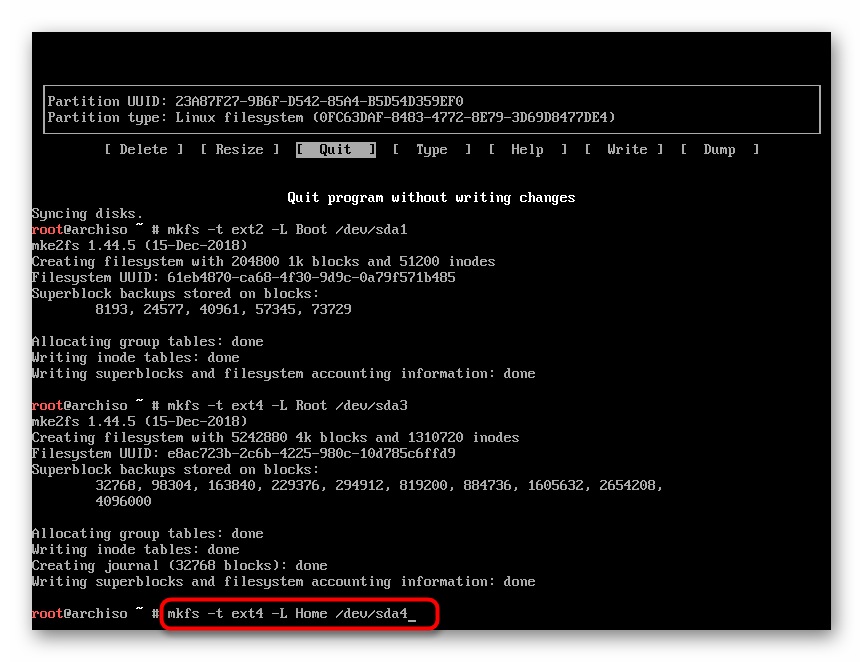 Форматирование домашнего каталога жесткого диска для установки Arch Linux