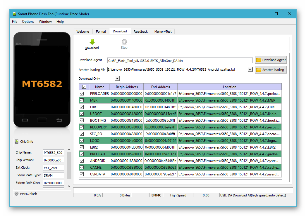 Lenovo S650 SP Flash Tool прошивка телефона в режиме Download Only