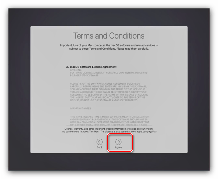 Лицензионное соглашение в процессе установки macOS на VirtualBox