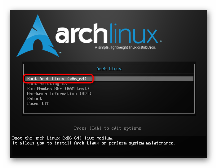 Переход к Live-режиму установки операционной системы Arch Linux