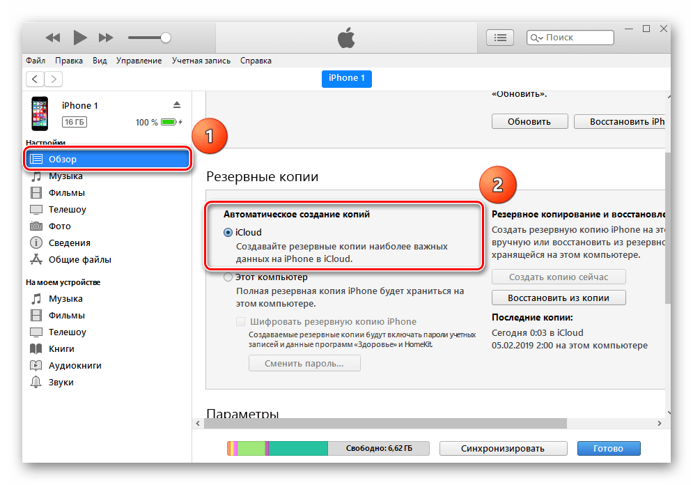 Переход в раздел Обзор в программе iTunes для настройки параметров подключения iPhone