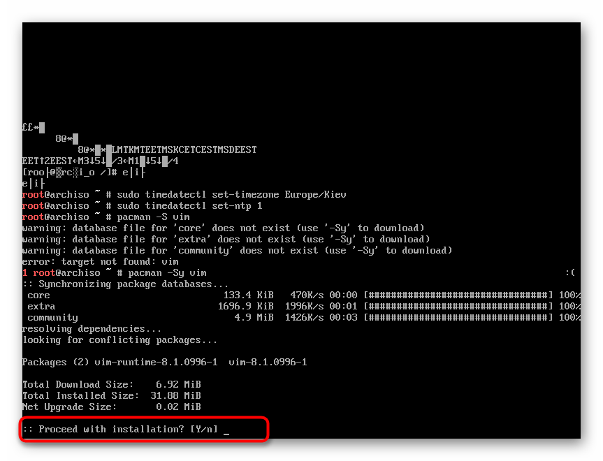 Подтверждение добавления пакетов для установки vim в Arch Linux