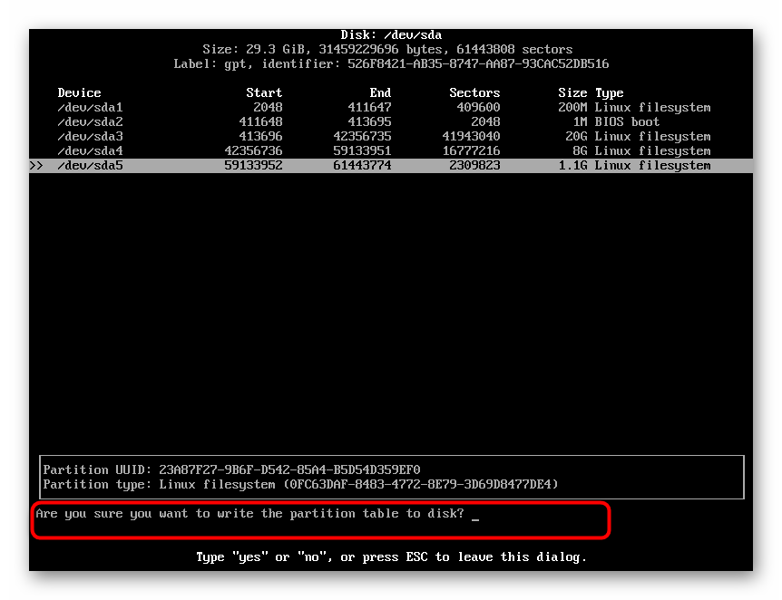 Подтверждение сохранения разметки жесткого диска для установки Arch Linux