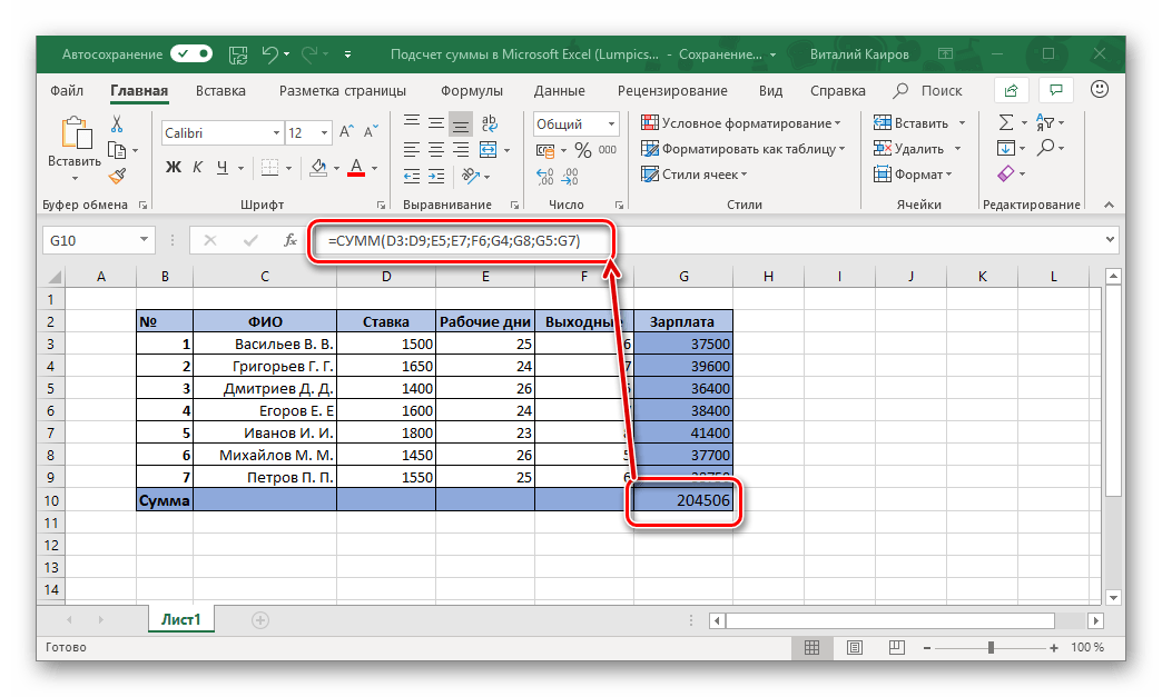 Пример суммы значений в столбцах, рассчитанных ручной формулой в таблице Microsoft Excel