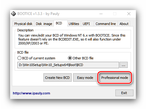 Профессиональный режим BOOTICE для редактирования загрузчика установки Windows 10 по сети