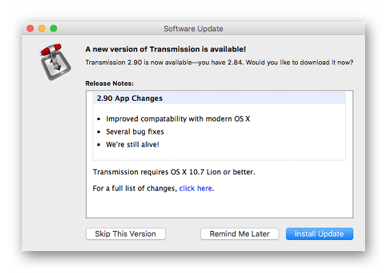 Список последних обновления Transmission - торрент клиента для macOS