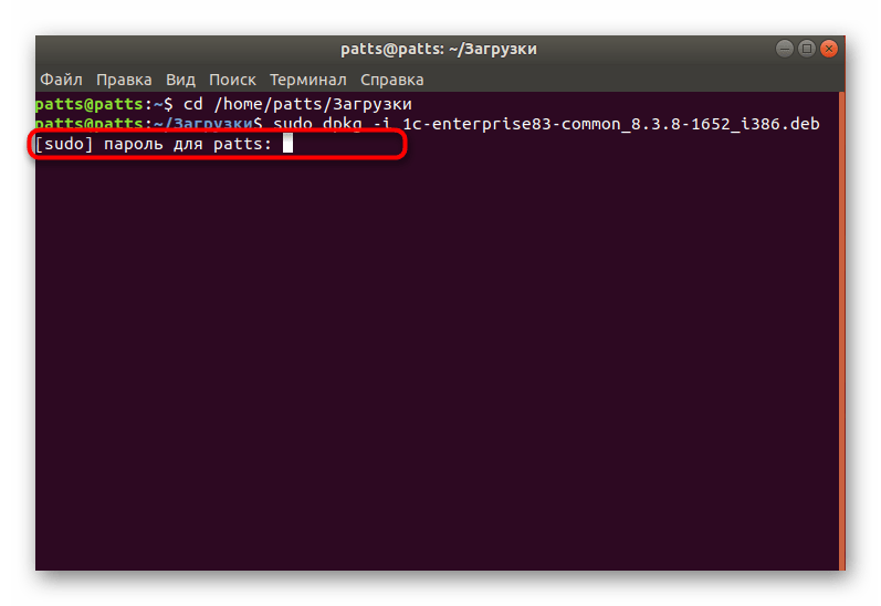 Ввести пароль для установки пакета 1С через стандартную команду в Linux