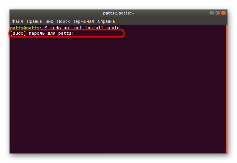 Ввод пароля для скачивания необходимых файлов Squid в Ubuntu