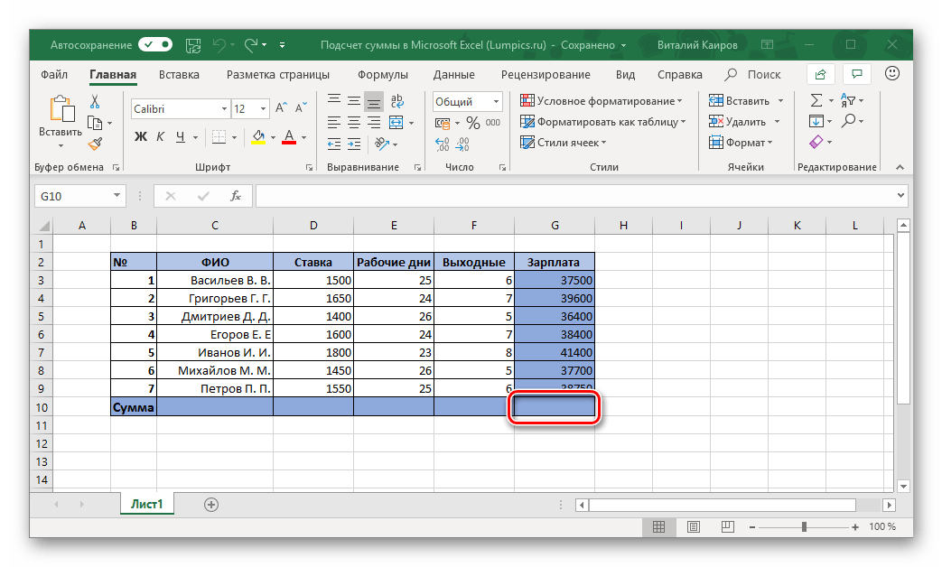 Ячейка для ввода формулы суммы в таблице Microsoft Excel