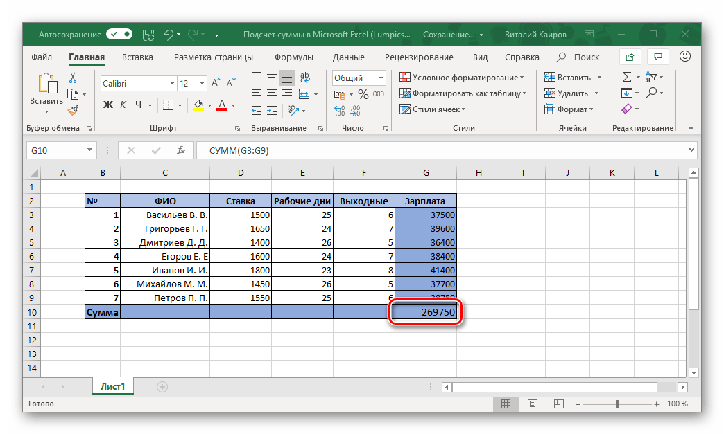Ячейка с подсчитанной суммой в таблице Microsoft Excel