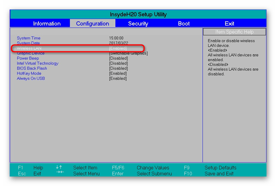 Активация беспроводной сети через меню BIOS на ноутбуке или компьютере с Windows 10