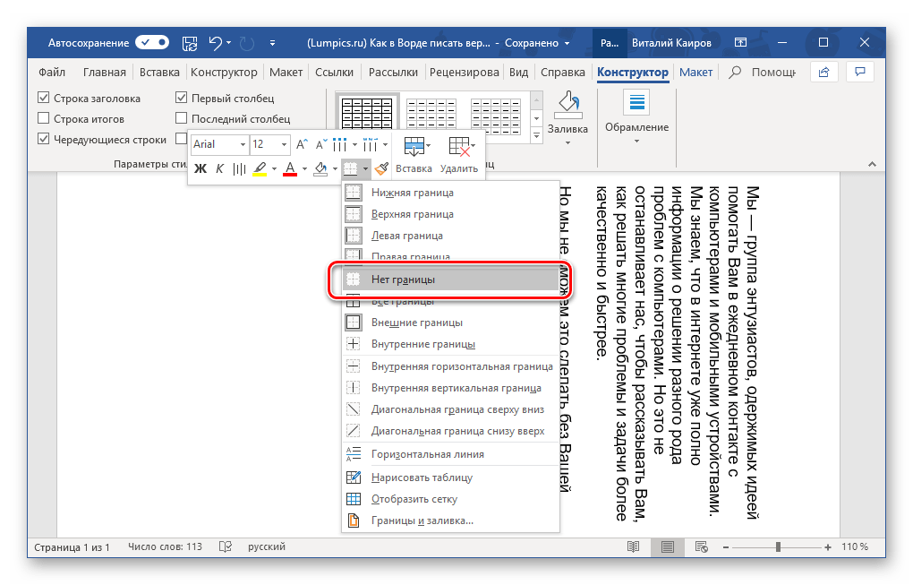 Отключение отображения границ в программе Microsoft Word