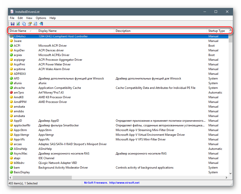 Prosmotr osnovnoj informatsii o drajverah v programme InstalledDriversList