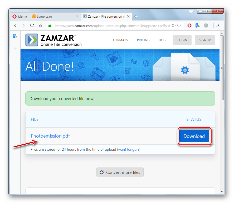 Переход к сохранению на компьютер готового файла PDF на сайте Zamzar в браузере Opera