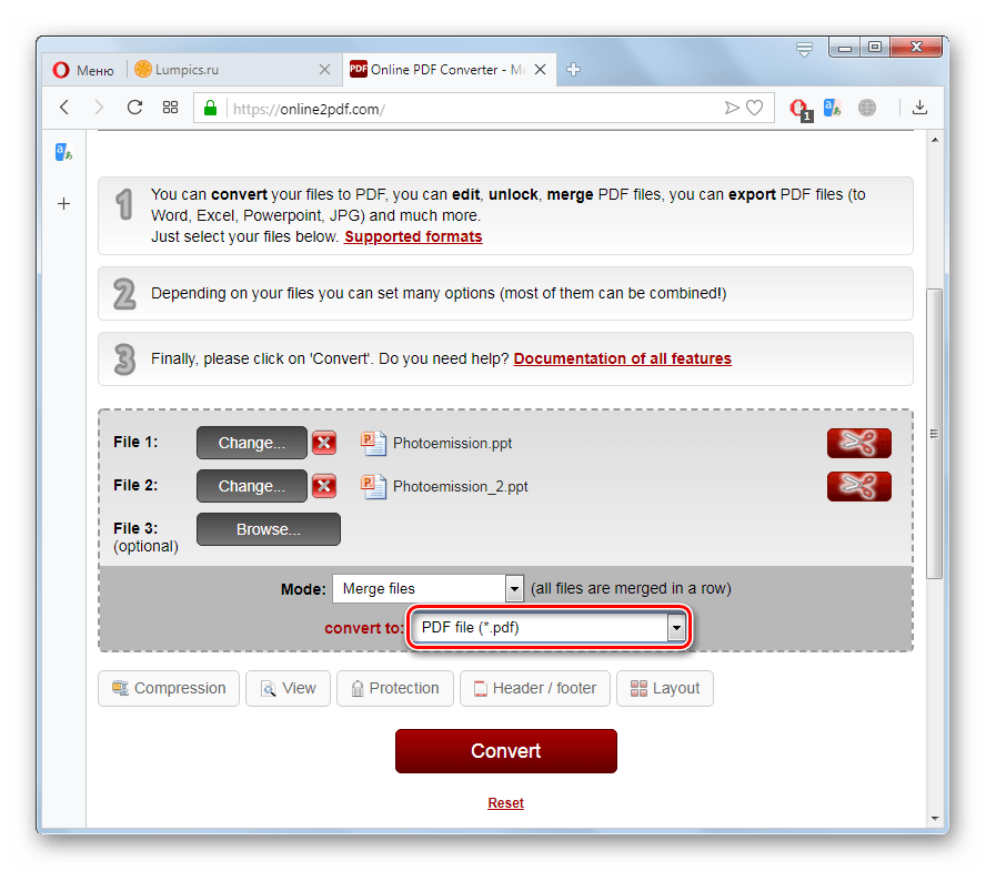 Переход к выбору направления преобразования файла PPT на сайте Online2PDF в браузере Opera
