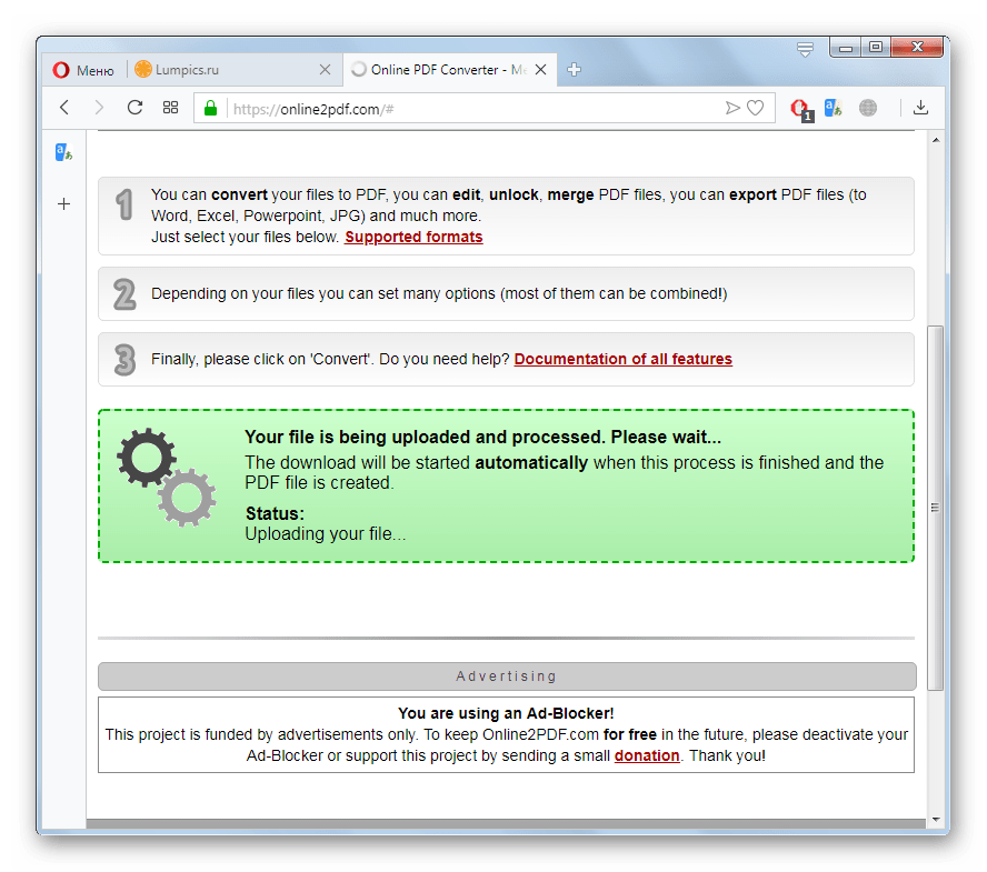 Процедура преобразования файла PPT в PDF на сайте Online2PDF в браузере Opera