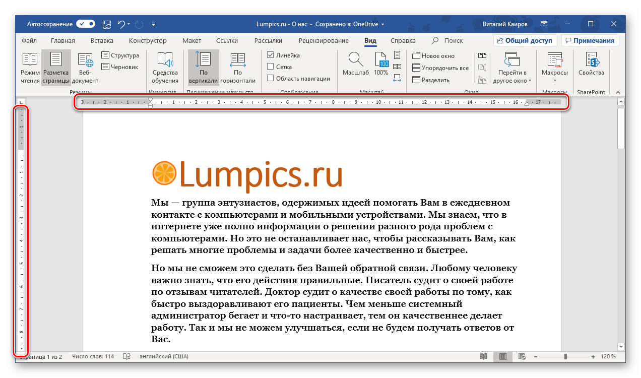 Успешное включение отображения линейки в программе Microsoft Word