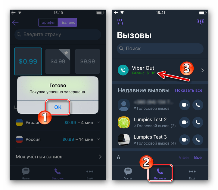 Вайбер для iOS пополнение счета Viber Out через Apple App Store осуществлено успешно