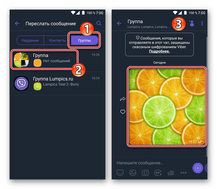Viber для Android - пересылка картинки из диалога или группового чата в другую группу участников мессенджера
