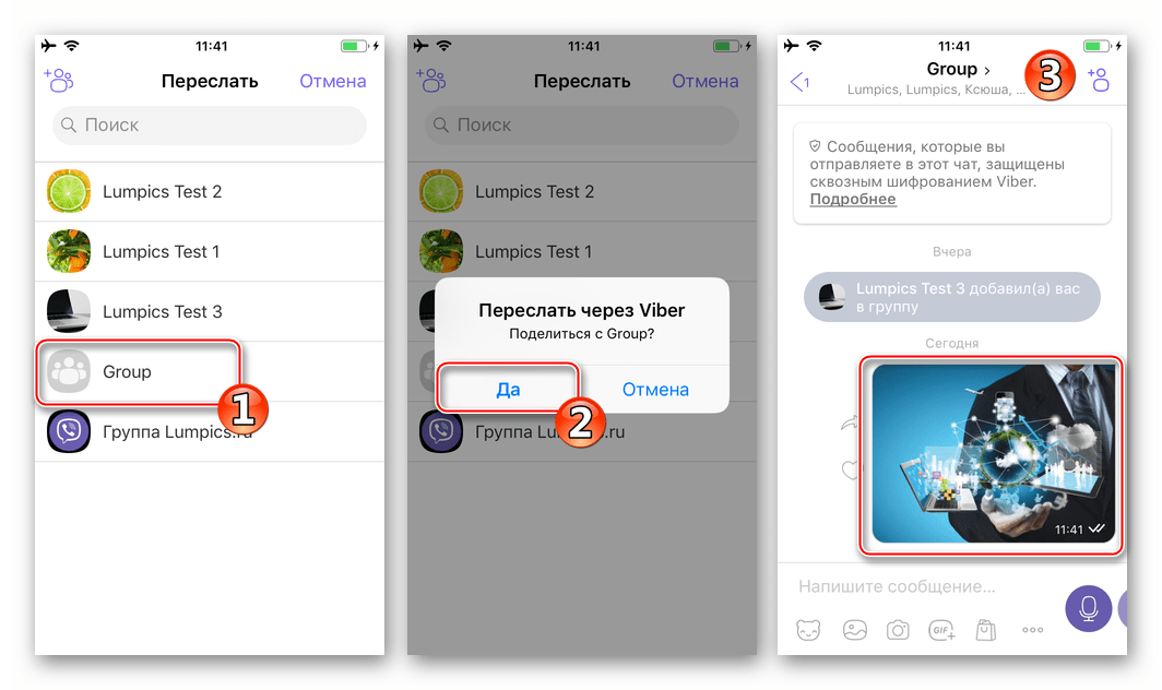 Viber для iPhone пересылка изображения из группового чата или диалога в другую беседу