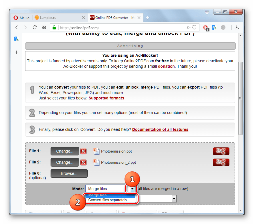 Выбор варианта конвертации файлов PPT на сайте Online2PDF в браузере Opera