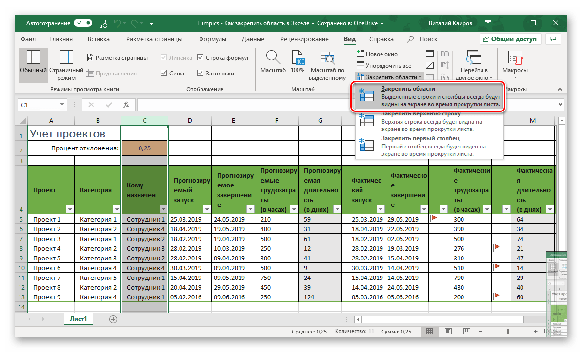 Закрепить область из столбцов в таблице Microsoft Excel