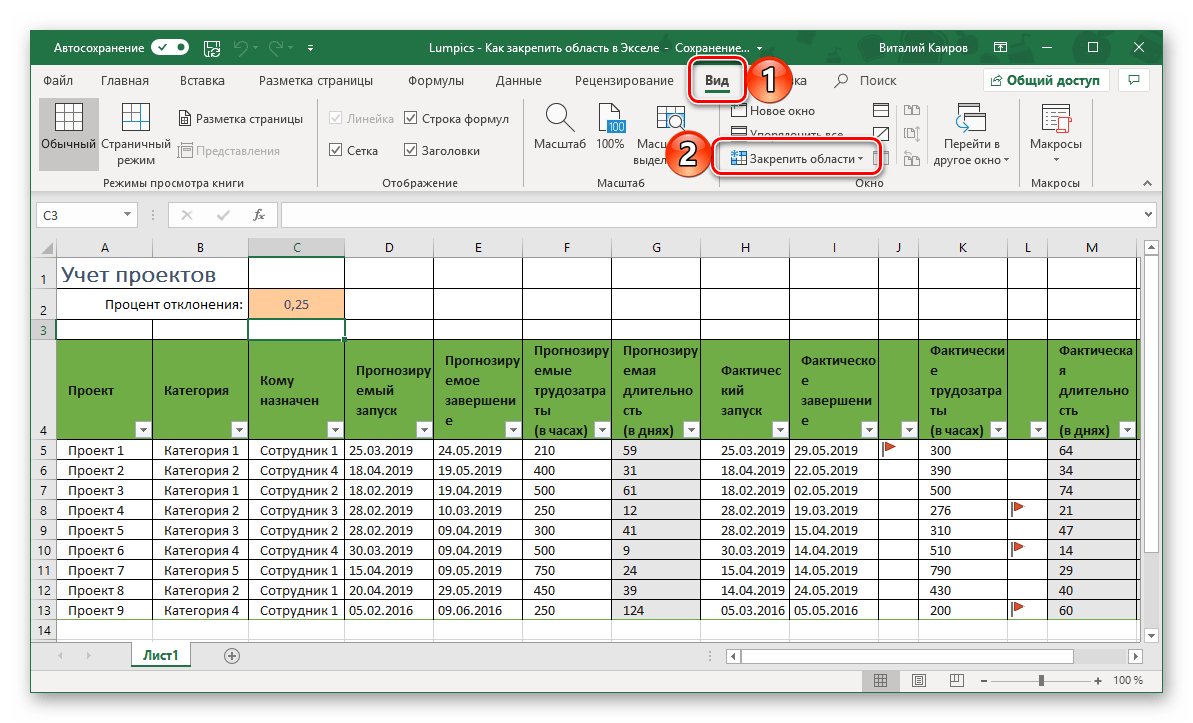 Закрепить область из строк и столбцов в таблице Microsoft Excel
