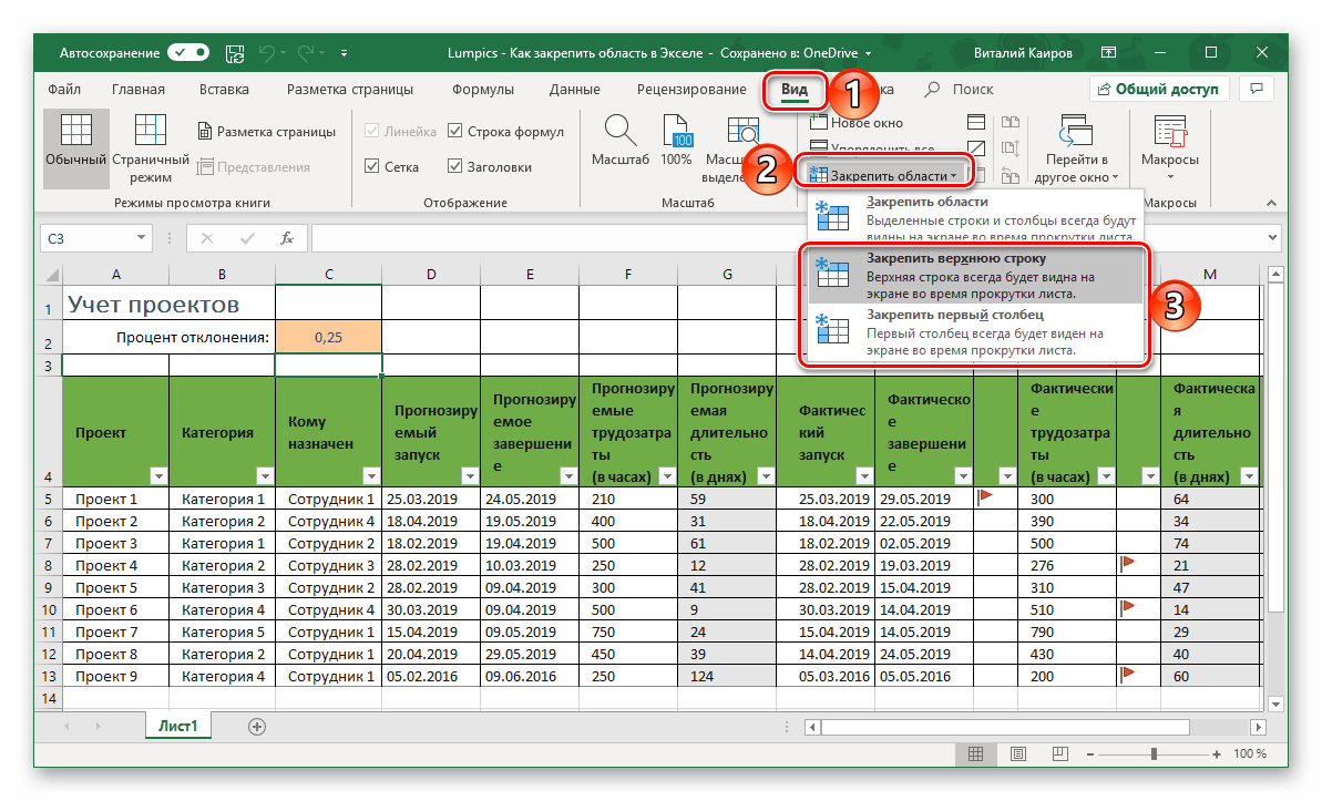 Закрепление одной строки или одного столбца в таблице программы Microsoft Excel