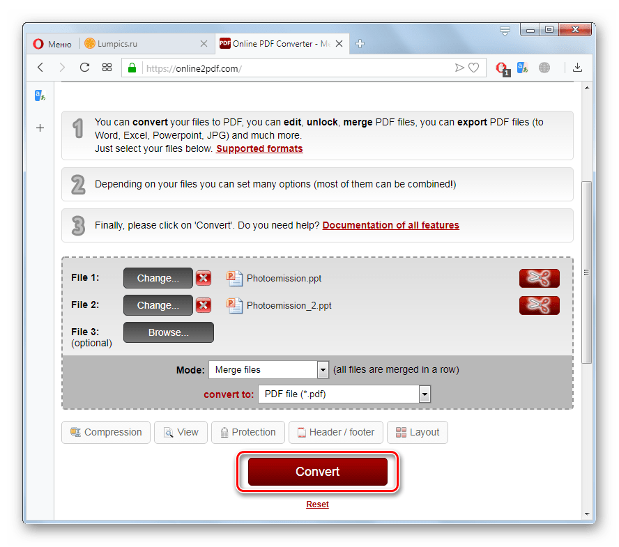 Запуск конвертации файла PPT в PDF на сайте Online2PDF в браузере Opera
