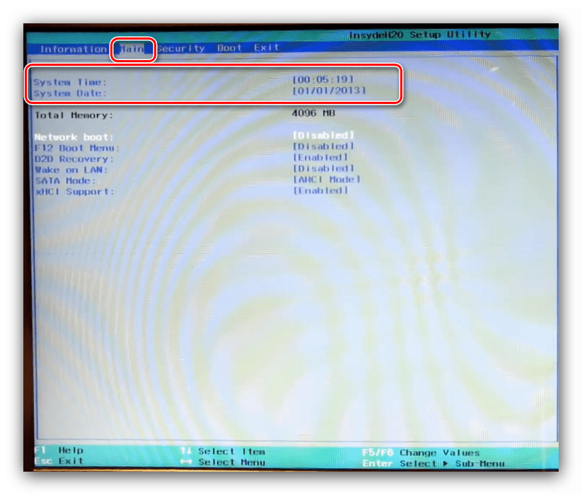 Дата и время в основных настройках интерфейса BIOS ноутбука Acer