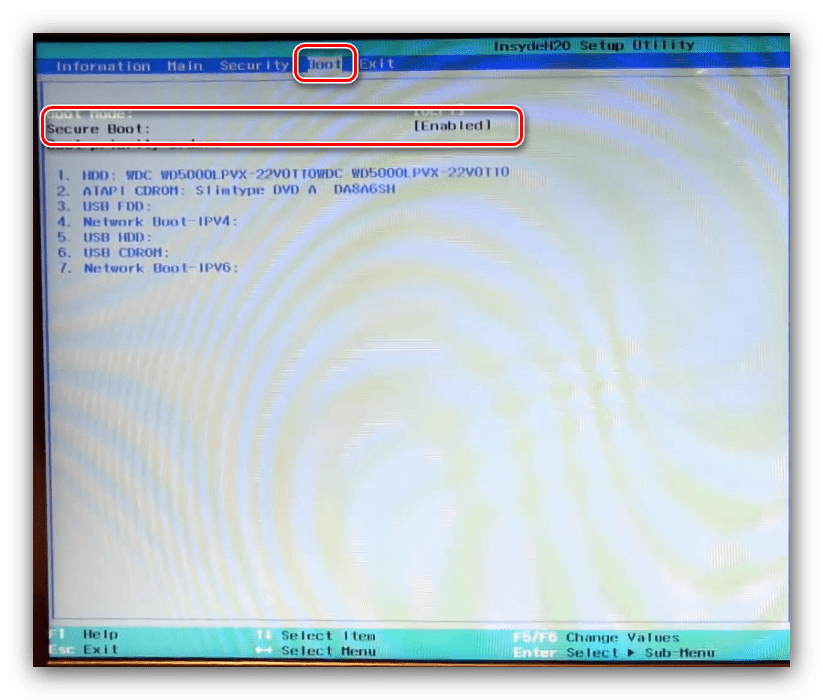 Деактивация Secure Boot на вкладке загрузки интерфейса BIOS ноутбука Acer