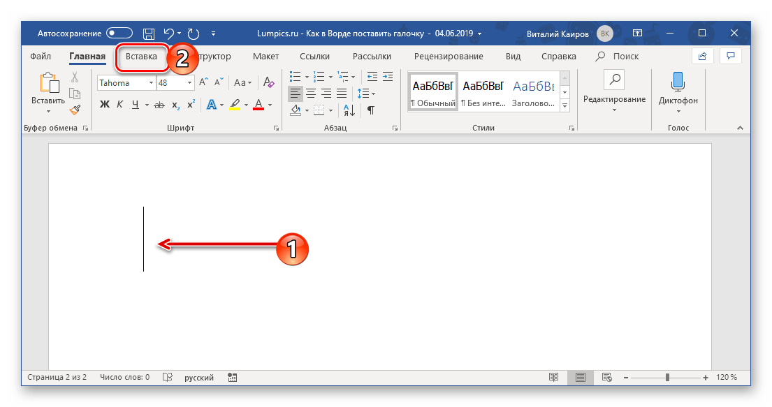 Место для добавления галочки в программе Microsoft Word