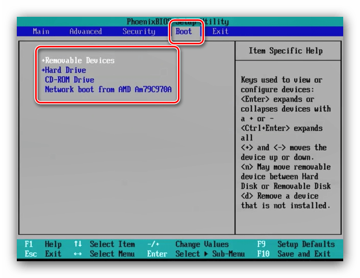 Настроить носители в Phoenix BIOS для установки диска в качестве основного носителя